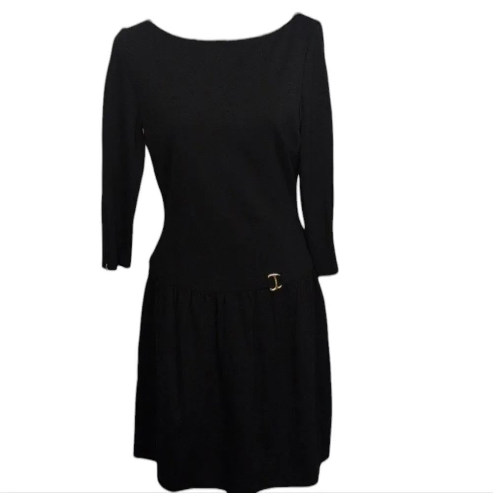 NEW Ralph Lauren Black Long Sleeve Dress Boat Neck Drop Waist Size 8